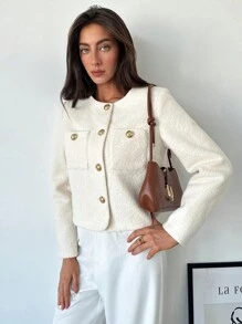 Aloruh Chaqueta elegante y vintage con botones de metal cortos, decorativa, a prueba de viento, forrada y cálida, cómoda y de gran calidad