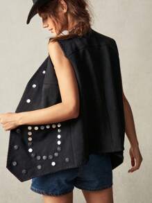 Bohemela 1pc Women Solid Woven Loose Rivet Decor Vest, Suitable For Holiday