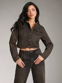 Denimoi Women Autumn Single-Breasted Flap Pocket Casual Denim Jacket - Brown - View 7