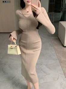 DAZY Váy len dài tay ôm cổ chữ V thanh lịch cho nữ, màu trơn, mùa thu - Màu Khaki - Xem 3