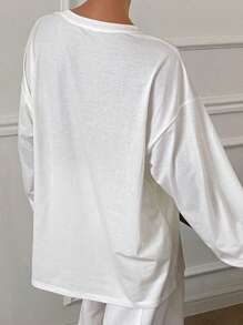 DAZY 女士休闲圆领字母印花针织T恤，秋季超大码T恤，图案T恤 - 白色 - 查看 6