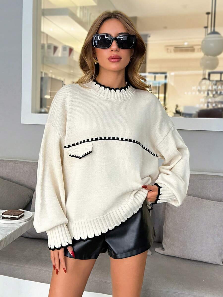 EURMUSE Pocket Colorblock Black And White Sweater - Apricot - View 1