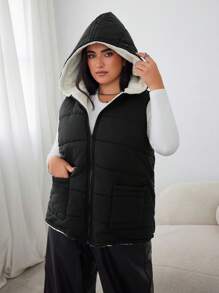 SHEIN EZwear Plus Size Women's Black Fuzzy Sleeveless Vest Jacket - Black and White - View 5