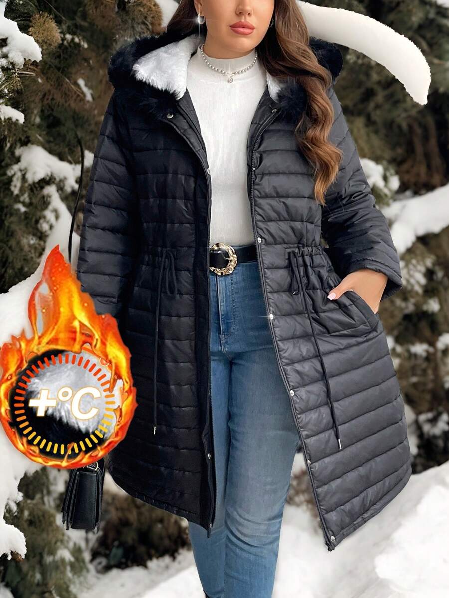 SHEIN Privé 大码优雅通勤休闲学院风连帽拉链长袖抽绳腰部保暖加厚冬季夹克 - 黑與白 - 查看 1