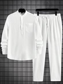 Manfinity VCAY 2pcs Men's Fitted Woven Casual Stand Collar Long Sleeve Shirt Set, Suitable For Autumn - White - View 1