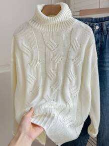 SHEIN Áo len dệt kim dày cổ lọ họa tiết jacquard tay dài quá khổ cho bé gái tuổi teen - trắng - Xem 1