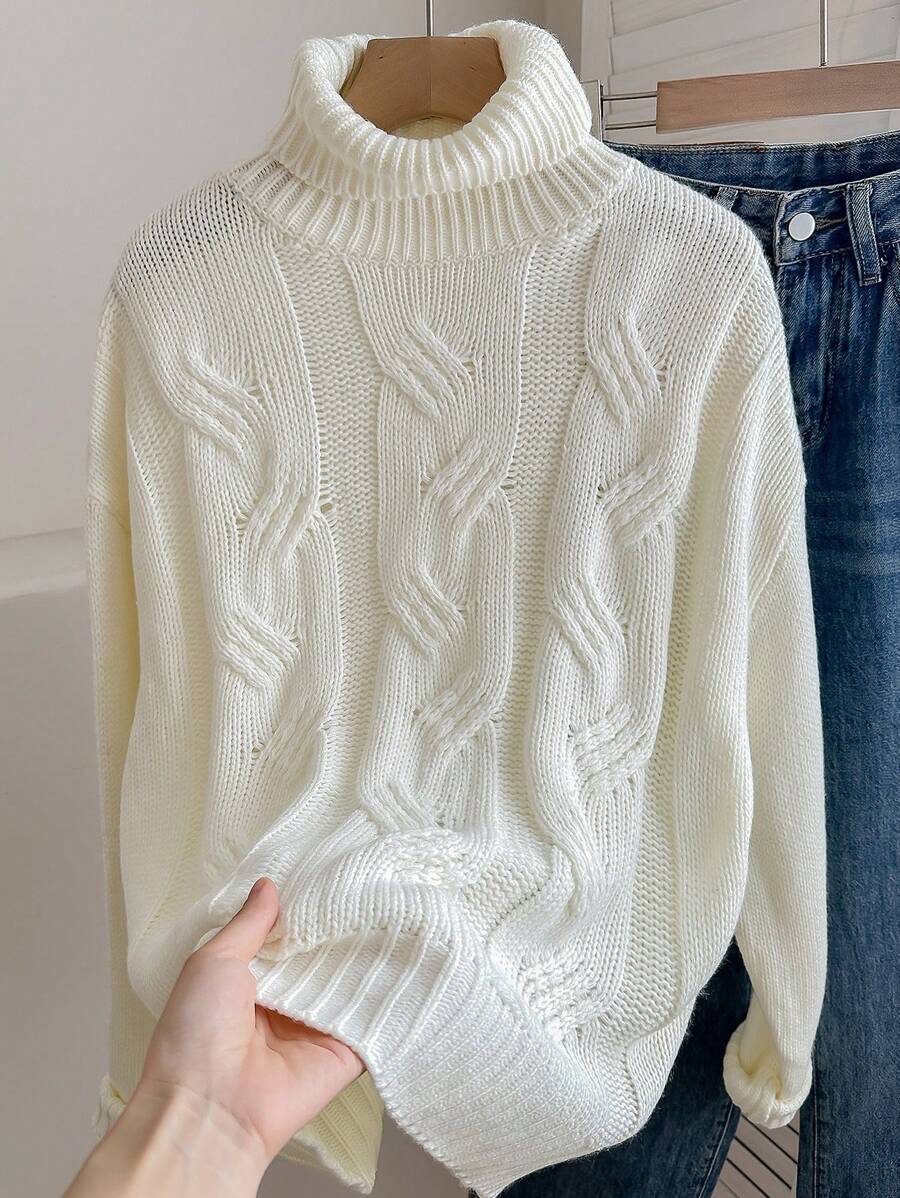 SHEIN Áo len dệt kim dày cổ lọ họa tiết jacquard tay dài quá khổ cho bé gái tuổi teen - trắng - Xem 1