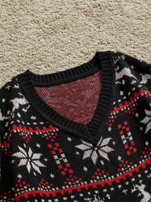 Manfinity VCAY Men's Fashionable Casual Loose Fit V-Neck Long Sleeve Graphic Color Block Pullover Knitted Sweater, For Vacation, Family Matching, For Fall Winter