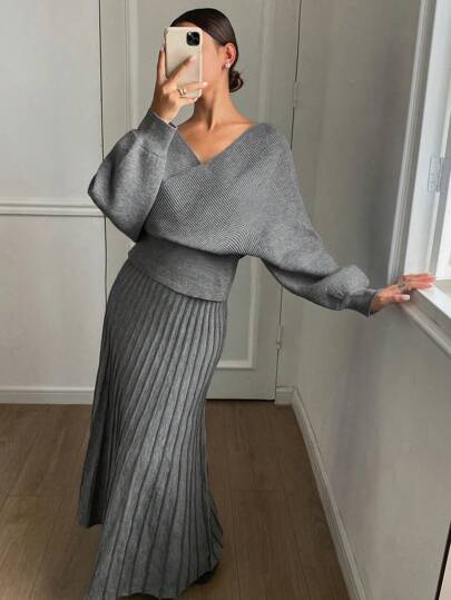 DAZY Set de 2 piezas: Suéter suelto de unicolor + Falda de línea A, ropa de otoño para mujer