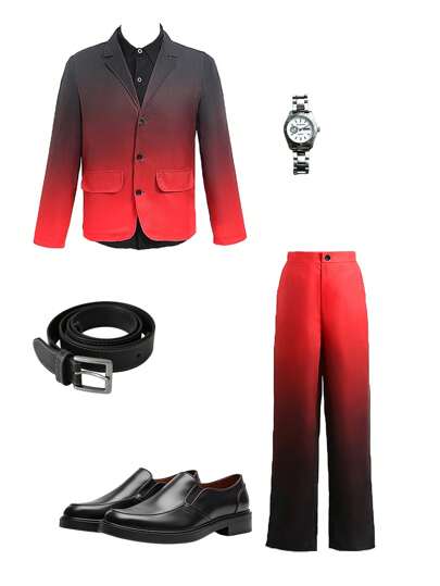 Teen Boy Gradient Color Button-Front Long Sleeve Suit Jacket & Pants Gentleman Set