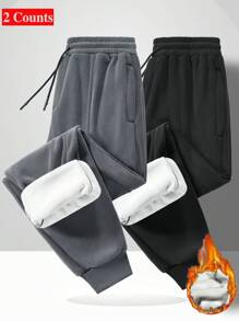 Manfinity Homme 2pcs Men's Thermal Lined Thermal Warm Pants, Black & Gray, Autumn/Winter - Multicolor - View 1