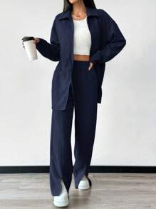 Mulvari 女士纯色拉链夹克，带口袋和裤子，休闲两件套