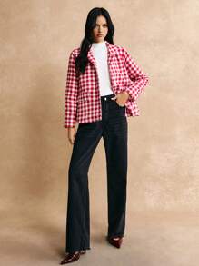 Poéselle 女士长袖仿口袋格子棉服外套，休闲日常穿着，冬季女装，红色和白色，轻松时尚必备 - 紅白色 - 查看 1