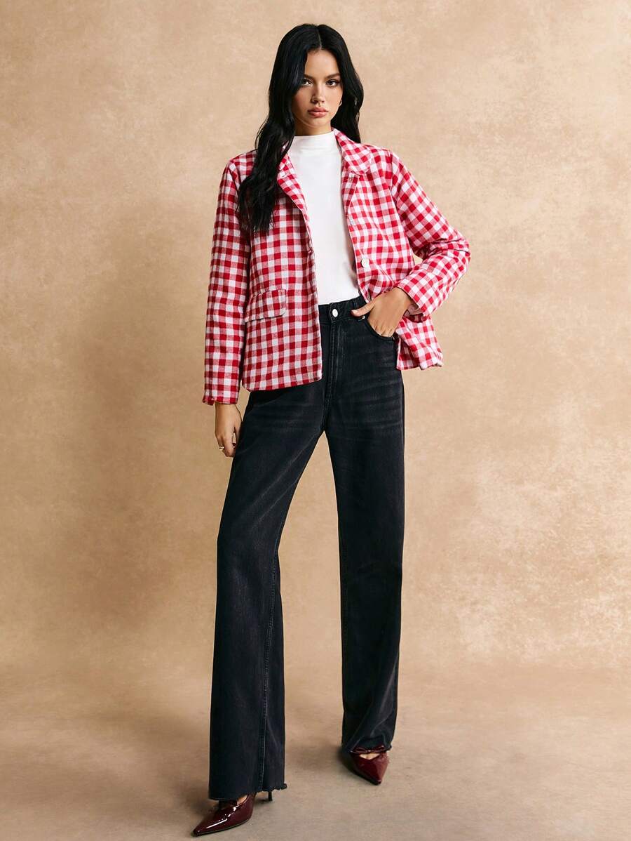 Poéselle 女士长袖仿口袋格子棉服外套，休闲日常穿着，冬季女装，红色和白色，轻松时尚必备 - 紅白色 - 查看 1