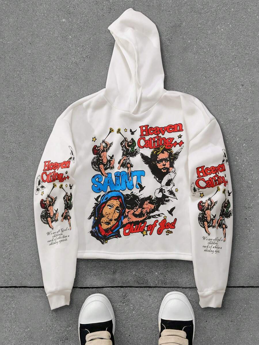 Manfinity EMRG 男士白色短款 God 图案连帽衫 - 白色 - 查看 1