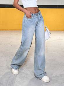 SHEIN Cottnline WOMEN WIDE LEG LOW WAIST JEANS - Medium Wash - View 4