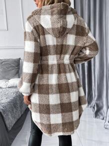 SHEIN Clasi Plaid Teddy Boucle Cinched Waist Women Regular Jacket In Fall/Winter - Multicolor - View 2