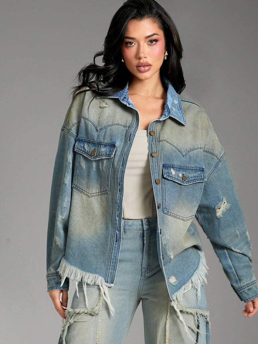 SHEIN Unity Premium Denim Western Tinted Ripped Denim Shacket - Medium Wash - View 1