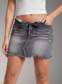 Denimoi Casual Premium Raw Fray Hem Mini Denim Skirt - Grey - View 6