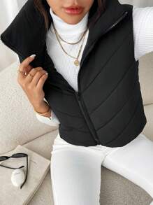 SHEIN Frenchy Vrouwen dons gewatteerde kraag mouwloze jas, winter, vrouwen mouwloze rits casual warme gewatteerde jas, winter vrouwen jas, zwarte jas, winter vrouwen kleding, zwarte jas, retro, elegante vrouwen, festival kleding, zakelijke casual vrouwen,