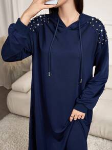Mulvari Women's Autumn/Winter Beaded Decoration Drop Shoulder Long Sleeve Loose Drawstring Hooded Casual Sweatshirt Dress Pullover Fall Outfit
