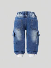 SHEIN 女婴休闲潮流时尚重度洗水牛仔工装裤 - 中等水洗藍 - 查看 2