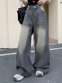 DAZY 女士休闲宽松破洞阔腿牛仔裤，带侧袋，适合春秋季节，宽松牛仔裤 - 黑色 - 查看 2