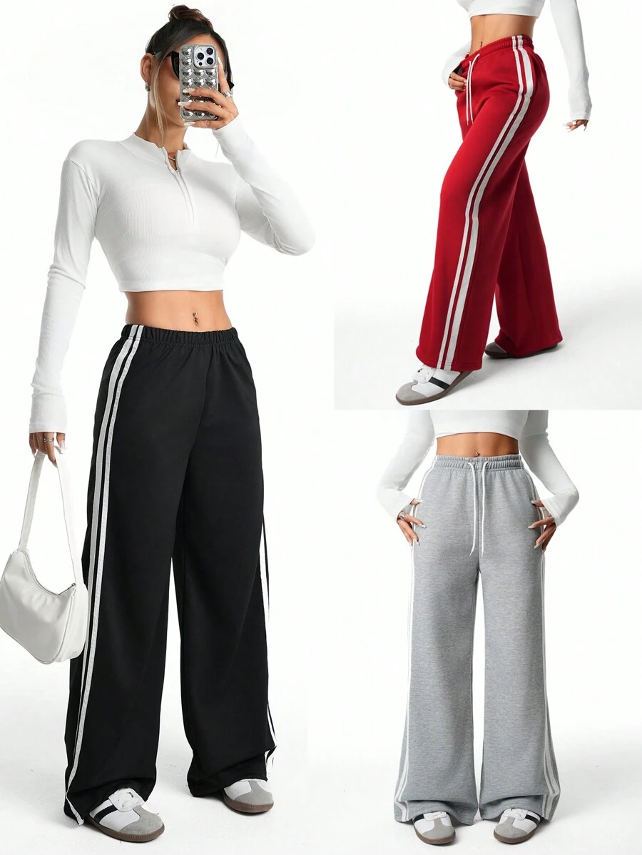 3pcs/Set Teens/Teen Girl Casual Fashion White Webbing Sports Sweatpants, Multi-Colored Sweatpants Matching Set