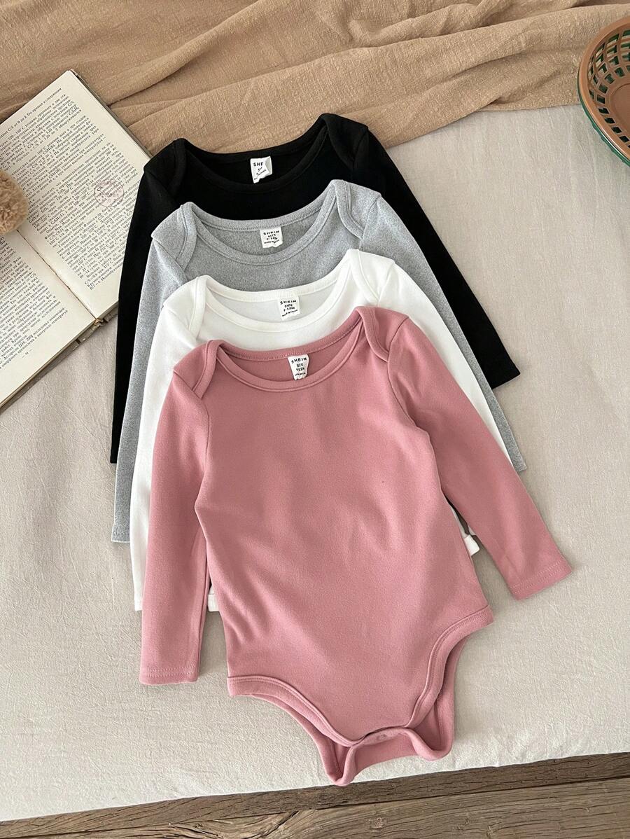 SHEIN LMoss Kids 4件套LMoss新生女婴可爱针织弹力纯色按扣裆部连体衣,秋冬季多件套 - 彩色 - 查看 1