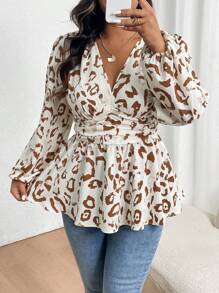 Juhart Áo sơ mi peplum tay dài cổ chữ V in họa tiết toàn thân cỡ lớn - Màu be - Xem 5