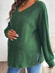 SHEIN Women Pregnant V-Neck Drop Shoulder Long Sleeve Stylish Slouchy Vibe All-Match T-Shirt, For Maternity