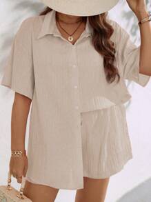 EMERY ROSE Conjunto de dos piezas de camisa de manga corta sólida y pantalones cortos informales de talla grande para vacaciones de verano