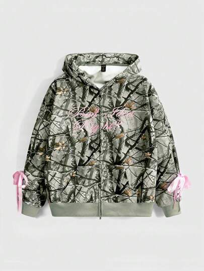 Street Life Y2K Streetwear All Over Print Ribbon Decor Loose Zipper Front Hoodie Sweatshirt, Plus Size