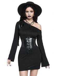 ROMWE Goth Sexy High Elasticity Black Bodycon Dress With Waist Tied Bow Detail And Asymmetrical Neck Long Sleeve Design For Women - Black - View 6