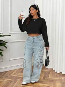 SHEIN EZwear 大码女式休闲纯色落肩宽松生菜边短款 T 恤 - 黑色 - 查看 5