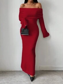 SHEIN Unity 1 件女式露肩颗粒纹理白色宽袖口紧身直筒针织毛衣连衣裙 - 酒紅色 - 查看 4
