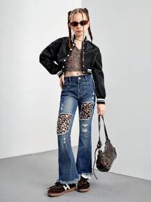 Jeans flare desgastado bordado com estampa de leopardo e lavagem escura para meninas
