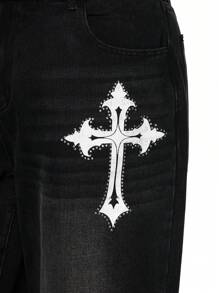 ROMWE Grunge Punk Plus Size Punk Cross Print Rhinestone Vintage Wash Loose Fit Jeans