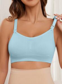 Moonlight&Mama Maternity Solid Color Ribbed Seamless Nursing Bra - Blue - View 4