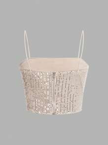 SHEIN 青少年女孩毛绒夹克，优雅亮片细肩带褶皱开衩迷人派对服装套装，香槟色，2 件套，秋季和圣诞派对 - 杏色 - 查看 6