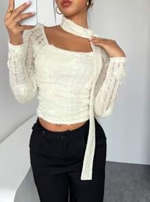 Chiquease Elegante top a collo alto bianco a maniche lunghe con decorazioni floreali 3D per donna, vestibilità slim, adatto per primavera e autunno - Albicocca - Visualizzare 6