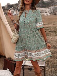 Breezaya Floral Print Tie-Waist Bell Sleeve Dress - Multicolor - View 6