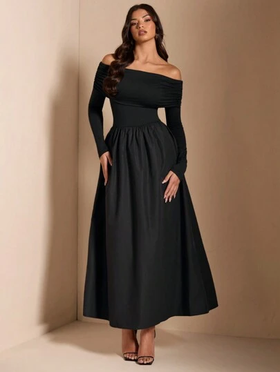 SHEIN BAE 纯色优雅简约性感肩部褶皱修身中长连衣裙，适合鸡尾酒会、浪漫约会、秋冬打底衫、派对、正式聚会、夜总会、万圣节、圣诞节