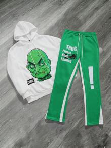 Manfinity EMRG Men Monster Pattern English Print Fashion Hoodie And Sweatpants Splice Tracksuit Set , Men Two Pieces Outfits , Men Tracksuit - Multicolor - View 4