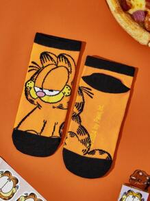 GARFIELD X SHEIN 2 Pairs Cute Colorblock Cartoon Pattern Kids Short Cotton Socks