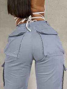 Women Plain Color Cargo Pocket Straight Leg Loose Casual Pants - Light Grey - View 5