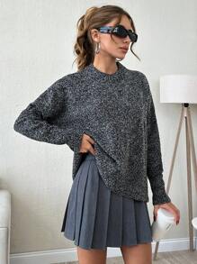 SHEIN Cottnline Casual Loose Fit Two-Tone Textured Crew Neck Sweater, Autumn/Winter - Dark Grey - View 3