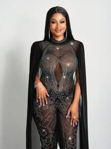 Slaydiva Neue sexy und wunderschöne Jumpsuit für Damen mit kleinem Stehkragen, ärmelos, komplett mit Strass, Cape, körperbetonter Passform, mesh-durchsichtig - Schwarz - Übersicht 4