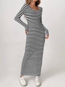 SHEIN Tall Women's Round Neck Striped Long Dress For Autumn & Winter - Black and White - View 1