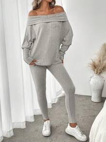 SHEIN LUNE 2 件套秋季休闲紧身运动紧身裤和露肩短款上衣，棕色天鹅绒面料，女款 - 杏色 - 查看 3